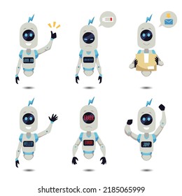 Robots flotantes ambientados con diversas emociones y escenas - ilustración vectorial plana aislada en fondo blanco. Caricatura futurista en ciborg. Robot saluda, ondea y entrega de paquetes.
