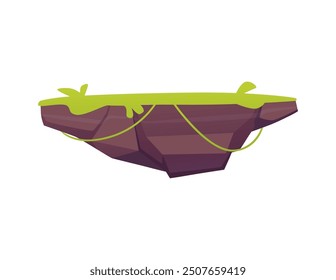 Floating rocky island with green grassy top and hanging vines. Cartoon-style isolated on a white background vector illustration for game backgrounds, fantasy landscapes, or adventure themes.