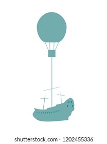 Floating sailing ship hanging by rope to air balloon