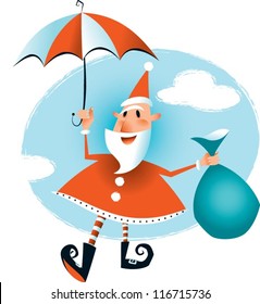 Floating Santa Just in time for Christmas - Santa has arrived floating down on his umbrella. I have used a retro look and limited color palette.