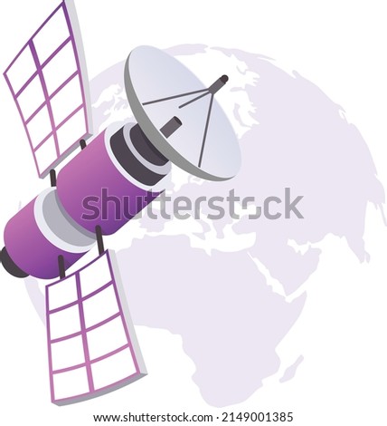a floating satellite on globe background. World telecommunication day. 3D concept. Colored flat graphic vector illustration isolated on white background.