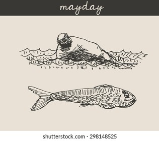 Floating in sea glass bottle with message with fish , in engraving etching sketch hand drawing style, for ecology, eco, social help and seafood design
