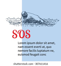 Floating in sea glass bottle with message as ecology sos concept, poster, flyer or template with text, in engraving etching sketch hand drawing style, for ecology, eco and social help design