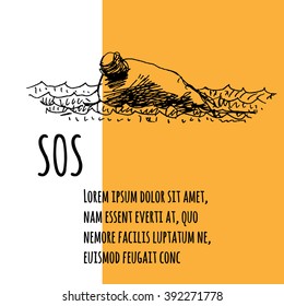Floating in sea glass bottle with message as ecology sos or may day concept, poster, flyer or template with text, for ecology, eco and social help design