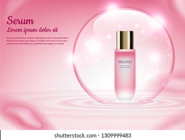 Floating serum in shiny bubble with concentric wave on pink background