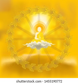 Floating sitting monk on the cloud, meditation gesture. Decorated by traditional Thai circle pattern, refers to endless circle. EPS10, VECTOR, Illustration.