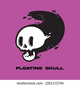 Floating skull illustration, head vector graphic, skull art, death bone, dead design, grunge sketch, scary halloween sign. cute symbol