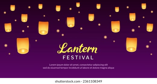 Floating sky lanterns at night. Chinese or Thai lantern festival banner design. Vector design illustration.