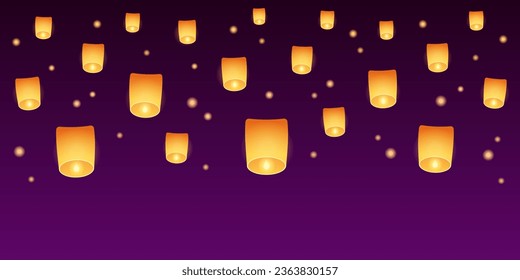 Floating sky lanterns at night. Chinese or Thai lantern festival celebration. Vector design illustration.