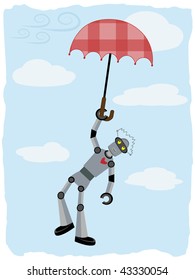 Floating in the sky umbrella carries robot through breezy day