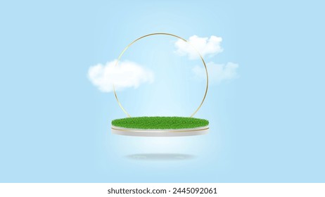 Floating slice land green grass surface. Flying and floating land grass platform and podium. Grass field flying in air with clouds and golden ring. Vector.