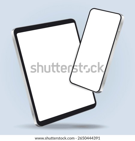 Floating Smartphone and Tablet Mockup with blank screens on a blue background