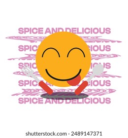 Floating Smiling Face with Sticking Tongue with Fork and Spoon, Pink Signal Distorted Typography at Backgrounds