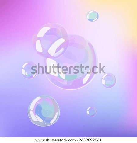 Floating soap bubbles on dreamy rainbow gradient. Transparent glossy elements with colorful iridescence. Vector hand drawn composition for magical kids backgrounds and cosmetic branding