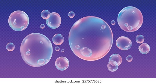 Floating soap bubbles on a purple background. Transparent bubbles, colorful reflections. Soap bubbles, playful and light. Bubbles create a whimsical scene. Soap bubble element vector set.