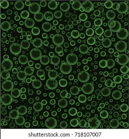 Floating soap or soda bubbles on green background. Water fizzing bubbles texture. Vector banner, poster, illustration, template, pattern, wallpaper, print for wrapping paper, fabric. Flying spheres
