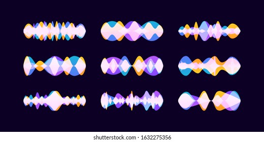 Floating sound wave in flat design. Abstract sound waves. Colorful dynamic visual effect. Voice assistant concept. Microphone, voice and sound recognition, equalizer. Vector illustration. 