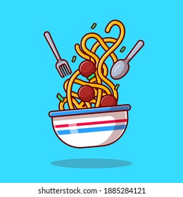 Floating Spaghetti Noodle With Meat Ball Cartoon Vector Icon Illustration. Food Icon Concept Isolated Premium Vector. Flat Cartoon Style