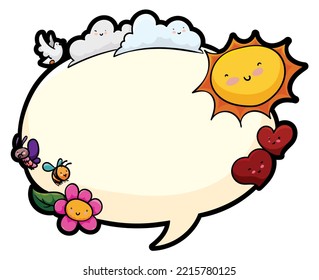 Floating speech bubble template decorated with kind and smiling sun, hearts, dove, flower, butterfly and bee to wish good greetings.