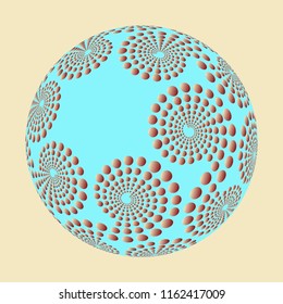 floating sphere with spiral of dots pattern in egg brown and blue shades