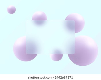 Floating spheres of purple color, abstract glass morphism background.