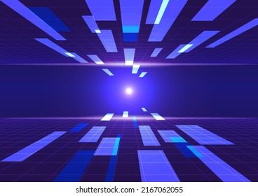 Floating Square Shapes on Retrofuture Grid Floor Futuristic Technology Abstract Background, Cyberpunk, High Speed Network, Communication, VR, Metaverse, Data Analytics Concept