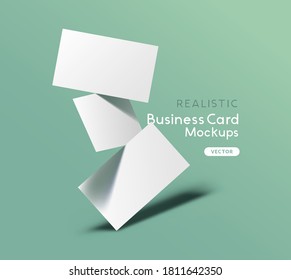 Floating stack of business cards on a green background. Brand identity mockup design with shadows. Vector illustration.