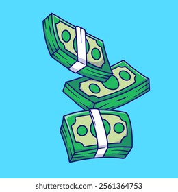 Floating Stacked Cash Bundles Cartoon Vector Illustration. Flat Cartoon Outline Style. Business Finance Concept. Flat Cartoon Outline Style.