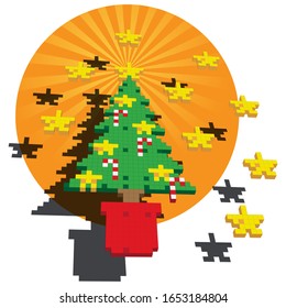 A floating stylised "Pixel" Christmas Tree surrounded by pixel stars. 