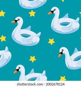Floating summer swimming pool seamless pattern. Inflatable circle (rubber rings) in shape of a white swan and stars. Concept leisure and travel. Vector.