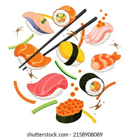 Floating sushi with chopsticks on white background. (salmon, fried egg, egg, tamagoyaki, omelette, omelet, egg, saba, mackerel,  squid, octopus, prawn, shrimp, tuna, crab sticks, cucumber, caviar)