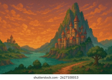 Floating temples in a surreal sunset sky, fantasy pixel art concept for sky kingdoms or 2D platformer worlds.