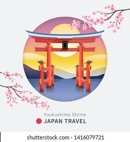 Floating torii shinto gate of Itsukushima shrine, Miyajima island of Hiroshima, Japan against the backdrop of the mountains at the sunset and sakura flower cherry blossom. Vector illustrations.