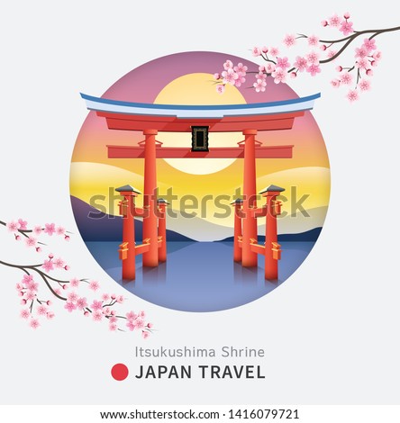 Floating torii shinto gate of Itsukushima shrine, Miyajima island of Hiroshima, Japan against the backdrop of the mountains at the sunset and sakura flower cherry blossom. Vector illustrations.