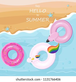 Floating toys at the beach top view Vector. Summer card background. Tropic season templates