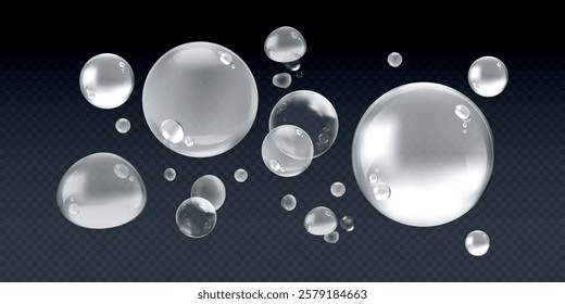 Floating transparent bubbles on a dark background. Bubbles vary in size, creating a playful, airy atmosphere. Clear bubbles, shiny bubbleห. Soap bubble element vector set.