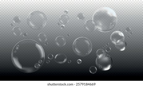 Floating transparent bubbles on a dark background. Bubbles vary in size, creating a playful, airy atmosphere. Clear bubbles, shiny bubbleห. Soap bubble element vector set.