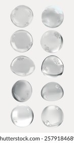 Floating transparent bubbles on a dark background. Bubbles vary in size, creating a playful, airy atmosphere. Clear bubbles, shiny bubbleห. Soap bubble element vector set.