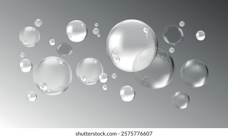 Floating transparent bubbles on a gray background. Bubbles vary in size, creating a whimsical, airy effect. Bubbles appear delicate and translucent. Soap bubble element vector set.