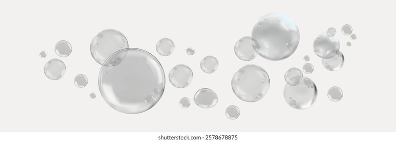 Floating transparent bubbles on a white background. Bubbles vary in size, creating a light, airy effect. Soap bubble element vector set.