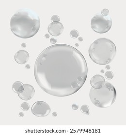 Floating transparent bubbles on a white background. Bubbles vary in size, creating a light, airy effect. Clear bubbles add a whimsical, floating feel. Soap bubble element vector set.