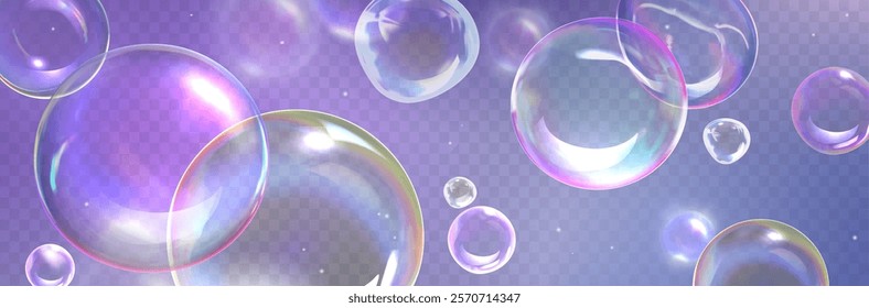 Floating transparent spheres with prismatic reflections. Multiple soap bubbles with iridescent colors and luminous highlights. Banner with 3d glass orbs design background. Holographic irregular balls.