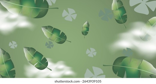 Folhas e nuvens tropicais flutuantes sobre fundo verde