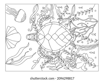 A floating turtle. Coloring page turtle, hand-drawn for relaxation and stress relief. Coloring book for adults with doodles, design elements.