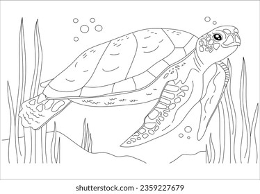 A floating turtle. Coloring page turtle, hand-drawn for relaxation and stress relief. Coloring book. turtle and fish, sea floor. Cute square page coloring book for children. Simple kid's drawing. 86