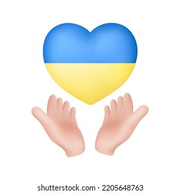 Floating Ukraine Flag in Heart Form mit zwei Hands Unterstützung. Rettet die Ukraine. Machen Sie Frieden Schluss mit Krieg. 3D-Vektorgrafik-Design-Logo-Banner für einzelne Elemente-Poster