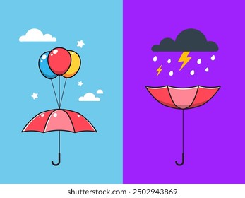 The floating umbrella and the reverse umbrella. Isolated Vector Illustration