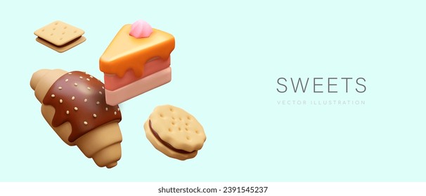 Bollería dulce vectorial flotante. Un pedazo realista de pastel, un sándwich de galletas, un cruasán. Días y festivos dulces. Deliciosos postres. Diseño publicitario con espacio para texto