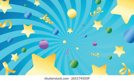 Drapeaux flottants vibrants et orbes colorées sur fond bleu clair en spirale, parfaits pour les scènes de fête et les visuels de célébration.