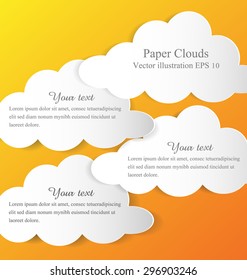 Floating white paper clouds on orange background, Vector illustration.